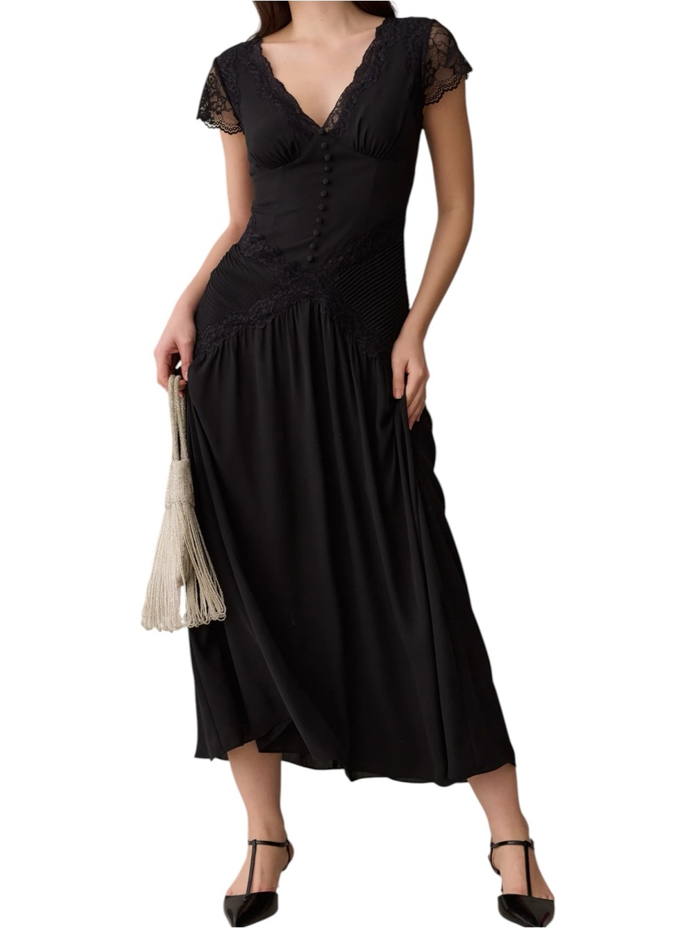Few Moda o.p.t. Vaiana Dress Black Midi Lace Trim NWT